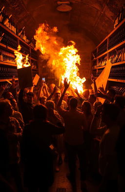 A dramatic scene depicting a group of passionate protesters gathered in a wine cellar, which is engulfed in flames