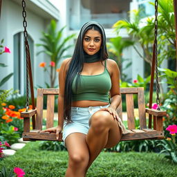 A full-body image of a beautiful 21-year-old woman with Arab features, radiating style and elegance