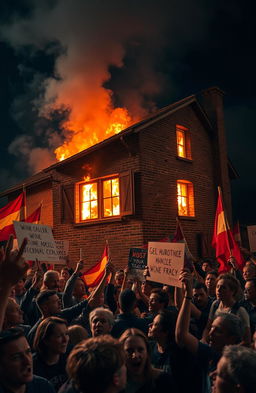 A chaotic scene depicting a group of passionate protesters gathered around a wine cellar that is engulfed in flames