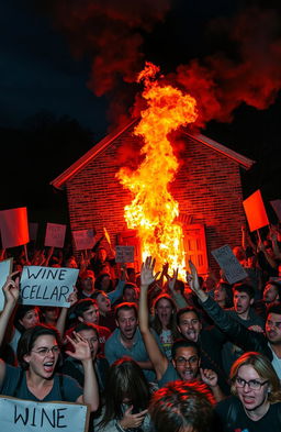 A chaotic scene depicting a group of passionate protesters gathered around a wine cellar that is engulfed in flames