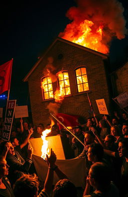 A chaotic scene depicting a group of passionate protesters gathered around a wine cellar that is engulfed in flames