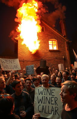 A chaotic scene depicting a group of passionate protesters gathered around a wine cellar that is engulfed in flames
