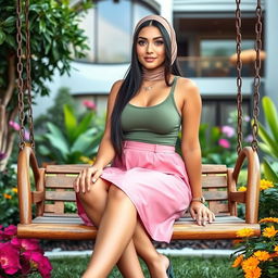 A full-body image of a beautiful 21-year-old woman with Arab features, emanating charm and elegance