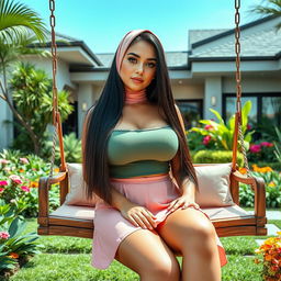 A full-body image of a beautiful 21-year-old woman with Arab features, emanating charm and elegance