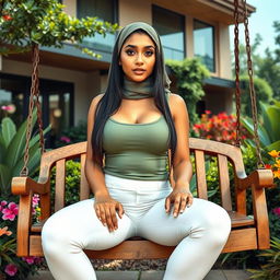 A full-body image of a beautiful 21-year-old woman with Arab features, showcasing her fashionable style