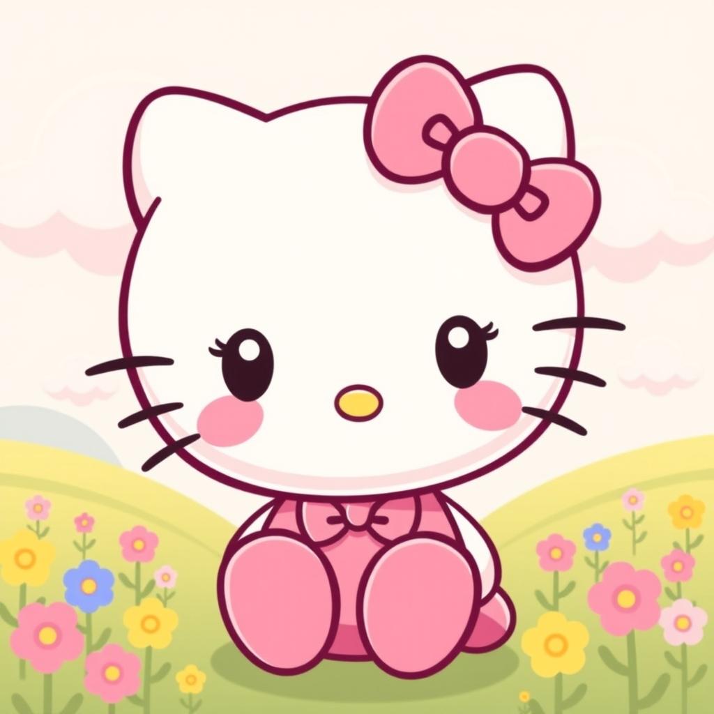 A cheerful, cartoon-style illustration featuring the classic character Hello Kitty with her iconic bow, big eyes, and a wide smile