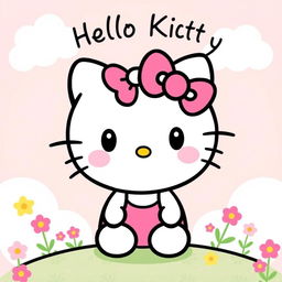 A cheerful, cartoon-style illustration featuring the classic character Hello Kitty with her iconic bow, big eyes, and a wide smile