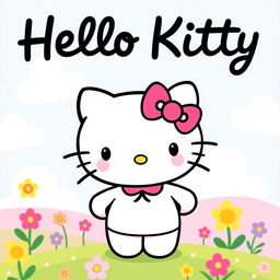 A cheerful, cartoon-style illustration featuring the classic character Hello Kitty with her iconic bow, big eyes, and a wide smile