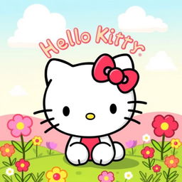A cheerful, cartoon-style illustration featuring the classic character Hello Kitty with her iconic bow, big eyes, and a wide smile