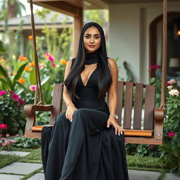 A full-body image of a beautiful 21-year-old woman with Arab features, exuding elegance and confidence