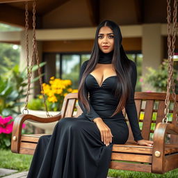 A full-body image of a beautiful 21-year-old woman with Arab features, exuding elegance and confidence