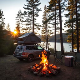 A serene camping scene featuring a Mitsubishi vehicle parked amidst a lush forest