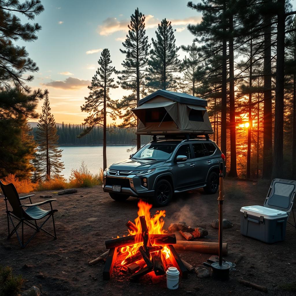 A serene camping scene featuring a Mitsubishi vehicle parked amidst a lush forest