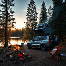 A serene camping scene featuring a Mitsubishi vehicle parked amidst a lush forest