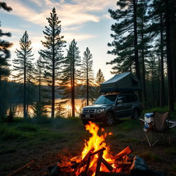 A serene camping scene featuring a Mitsubishi vehicle parked amidst a lush forest