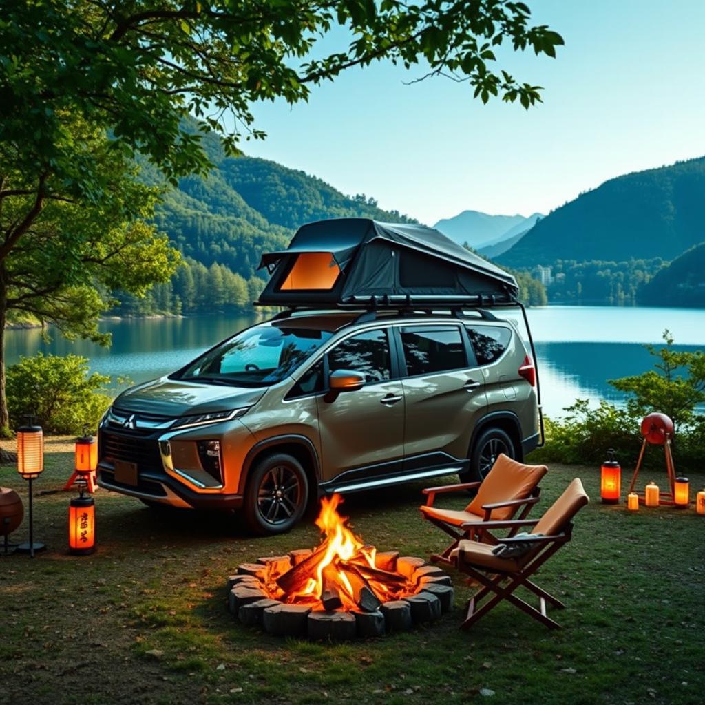 A Mitsubishi Xpander parked at a picturesque camping site in Japan, surrounded by lush green trees and mountains