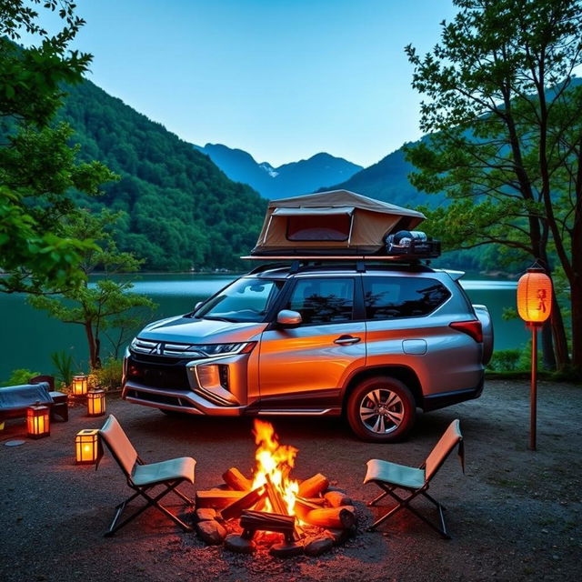 A Mitsubishi Xpander parked at a picturesque camping site in Japan, surrounded by lush green trees and mountains