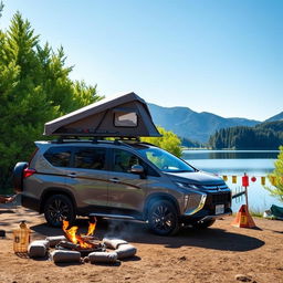 A Mitsubishi Xpander parked at a picturesque camping site in Japan, surrounded by lush green trees and mountains