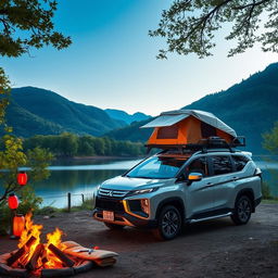 A Mitsubishi Xpander parked at a picturesque camping site in Japan, surrounded by lush green trees and mountains