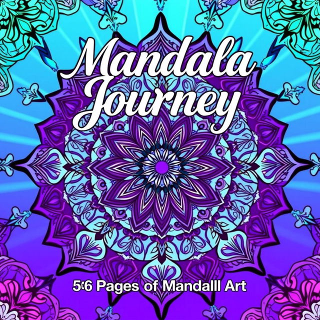 A vibrant front cover for a 56-page mandala coloring book, featuring intricate and detailed mandala patterns intertwined in a harmonious blend of blue, purple, and green hues