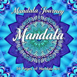 A vibrant front cover for a 56-page mandala coloring book, featuring intricate and detailed mandala patterns intertwined in a harmonious blend of blue, purple, and green hues