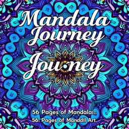 A vibrant front cover for a 56-page mandala coloring book, featuring intricate and detailed mandala patterns intertwined in a harmonious blend of blue, purple, and green hues