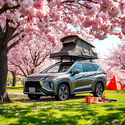 A Mitsubishi Xpander parked beneath a blooming cherry blossom (sakura) tree in Japan, surrounded by a picturesque camping scene