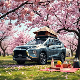 A Mitsubishi Xpander parked beneath a blooming cherry blossom (sakura) tree in Japan, surrounded by a picturesque camping scene