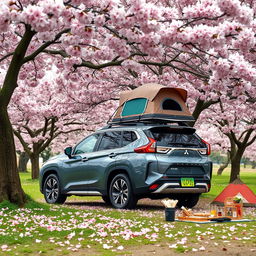 A Mitsubishi Xpander parked beneath a blooming cherry blossom (sakura) tree in Japan, surrounded by a picturesque camping scene