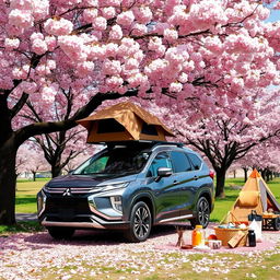 A Mitsubishi Xpander parked beneath a blooming cherry blossom (sakura) tree in Japan, surrounded by a picturesque camping scene