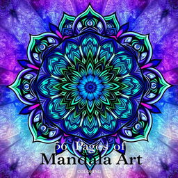 A captivating front cover for a 56-page mandala coloring book, showcasing intricate mandala patterns that flow seamlessly in a harmonious blend of blue, purple, and green, embodying a sense of tranquility and creativity