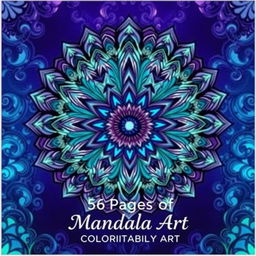 A captivating front cover for a 56-page mandala coloring book, showcasing intricate mandala patterns that flow seamlessly in a harmonious blend of blue, purple, and green, embodying a sense of tranquility and creativity