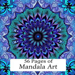 A captivating front cover for a 56-page mandala coloring book, showcasing intricate mandala patterns that flow seamlessly in a harmonious blend of blue, purple, and green, embodying a sense of tranquility and creativity