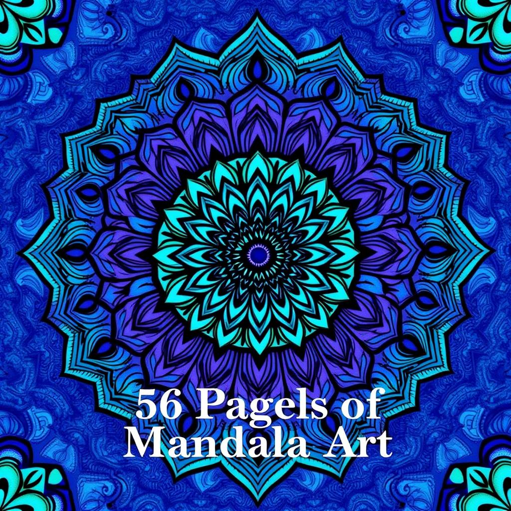 A captivating front cover for a 56-page mandala coloring book, showcasing intricate mandala patterns that flow seamlessly in a harmonious blend of blue, purple, and green, embodying a sense of tranquility and creativity