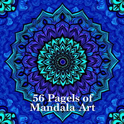 A captivating front cover for a 56-page mandala coloring book, showcasing intricate mandala patterns that flow seamlessly in a harmonious blend of blue, purple, and green, embodying a sense of tranquility and creativity