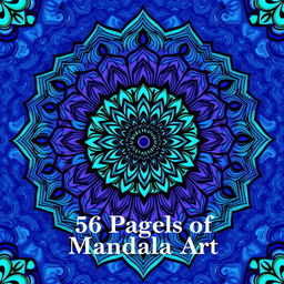 A captivating front cover for a 56-page mandala coloring book, showcasing intricate mandala patterns that flow seamlessly in a harmonious blend of blue, purple, and green, embodying a sense of tranquility and creativity