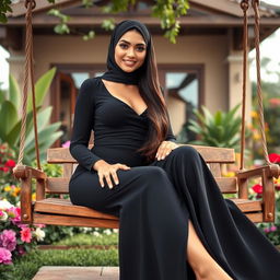 A full-body image of a beautiful 21-year-old woman with Arab features, radiating elegance and grace