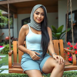 A full-body image of a beautiful 21-year-old woman with Arab features, radiating confidence and style