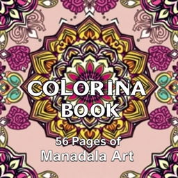 A stunning front cover for a mandala coloring book, prominently featuring intricate mandala patterns that are beautifully colored in a vibrant palette