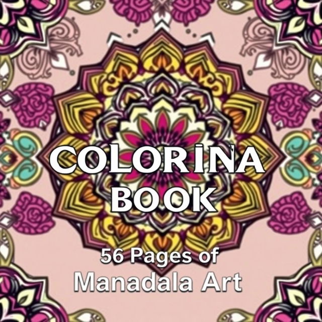 A stunning front cover for a mandala coloring book, prominently featuring intricate mandala patterns that are beautifully colored in a vibrant palette