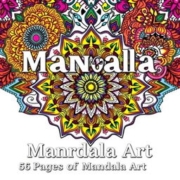 A stunning front cover for a mandala coloring book, prominently featuring intricate mandala patterns that are beautifully colored in a vibrant palette