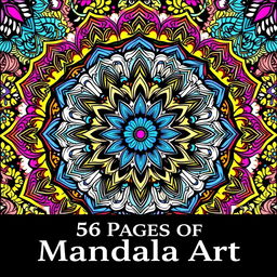 A stunning front cover for a mandala coloring book, prominently featuring intricate mandala patterns that are beautifully colored in a vibrant palette