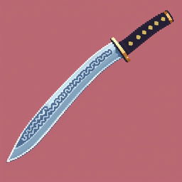 A detailed pixel art representation of a Japanese tanto knife, featuring a traditional curved blade and a distinctive hilt