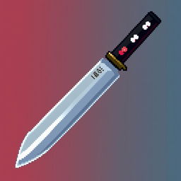 A detailed pixel art representation of a Japanese tanto knife, showcasing a sleek, sharp blade characteristic of traditional Japanese craftsmanship