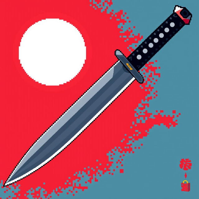 A detailed pixel art representation of a Japanese tanto knife, showcasing a sleek, sharp blade characteristic of traditional Japanese craftsmanship