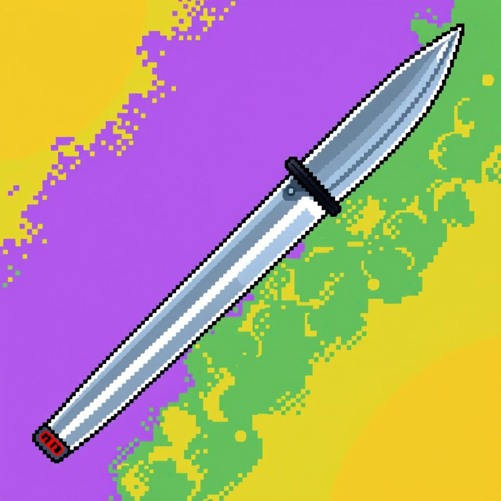 A detailed pixel art representation of a Japanese tanto knife, showcasing a sleek, sharp blade characteristic of traditional Japanese craftsmanship