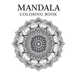 A striking front cover for a mandala coloring book, featuring a large, intricate mandala design at the center that captures attention with its elaborate details
