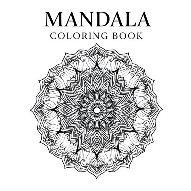 A striking front cover for a mandala coloring book, featuring a large, intricate mandala design at the center that captures attention with its elaborate details