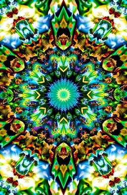 A vibrant and intricate kaleidoscope design that showcases various ecosystems, including lush rainforests full of diverse plant life and colorful birds, a serene underwater coral reef teeming with fish and aquatic plants, an arid desert landscape with cacti and sand dunes, and a snowy tundra with wildlife such as polar bears and arctic foxes