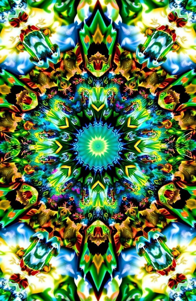 A vibrant and intricate kaleidoscope design that showcases various ecosystems, including lush rainforests full of diverse plant life and colorful birds, a serene underwater coral reef teeming with fish and aquatic plants, an arid desert landscape with cacti and sand dunes, and a snowy tundra with wildlife such as polar bears and arctic foxes